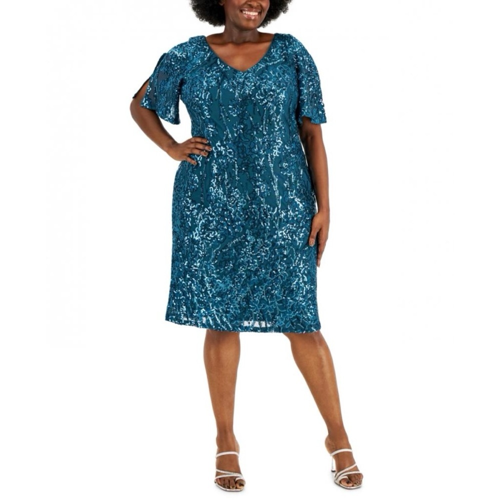 Alex Evenings Turquoise Blue Sequin Dress Flutter Sleeve Vneck‎ 20W Plus 8496728